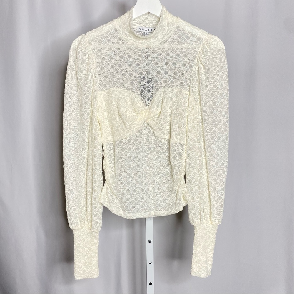 Chaser Lace Mock Neck Ivory Top Elegant and Chic — S